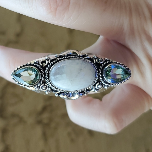 New Rainbow Moonstone & Green Amethyst 925 Silver Statement Ring. - Picture 4 of 15